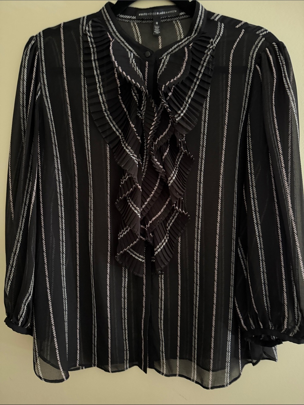 WHBM Pleated Ruffle Front Black Striped Blouse Size Medium